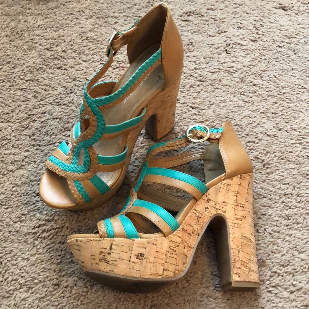 BCBG Platform Teal & Cognac Summer Wedges Sz 7.5 - Picture 2 of 6